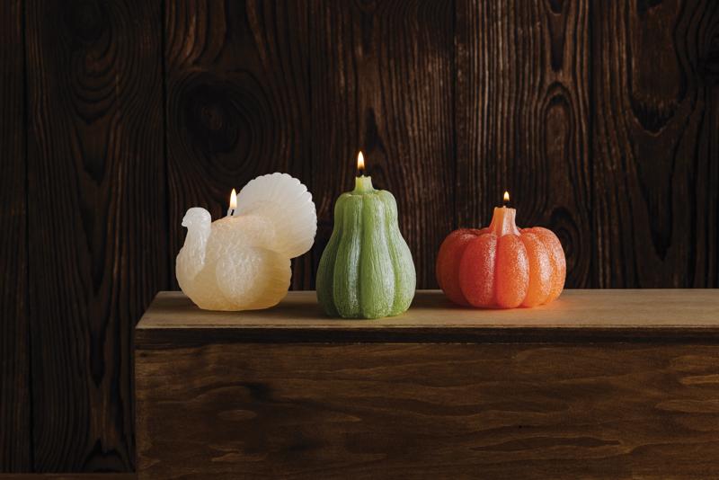 Three decorative candles shaped like a turkey, gourd, and pumpkin on a wooden surface with a dark wood background.