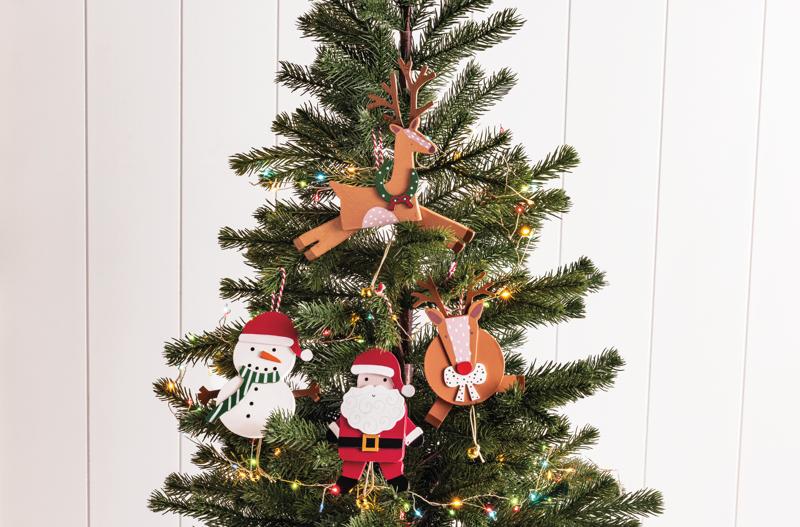 Decorative Christmas tree with ornaments including a snowman, Santa Claus, and reindeer on a white background.