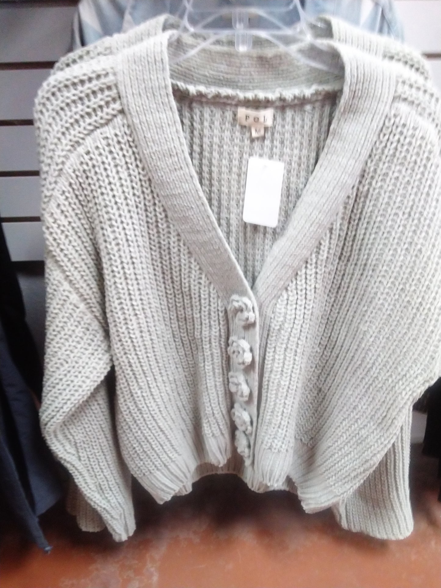 Khaki Grey Cardigan W/flower Covered Buttons